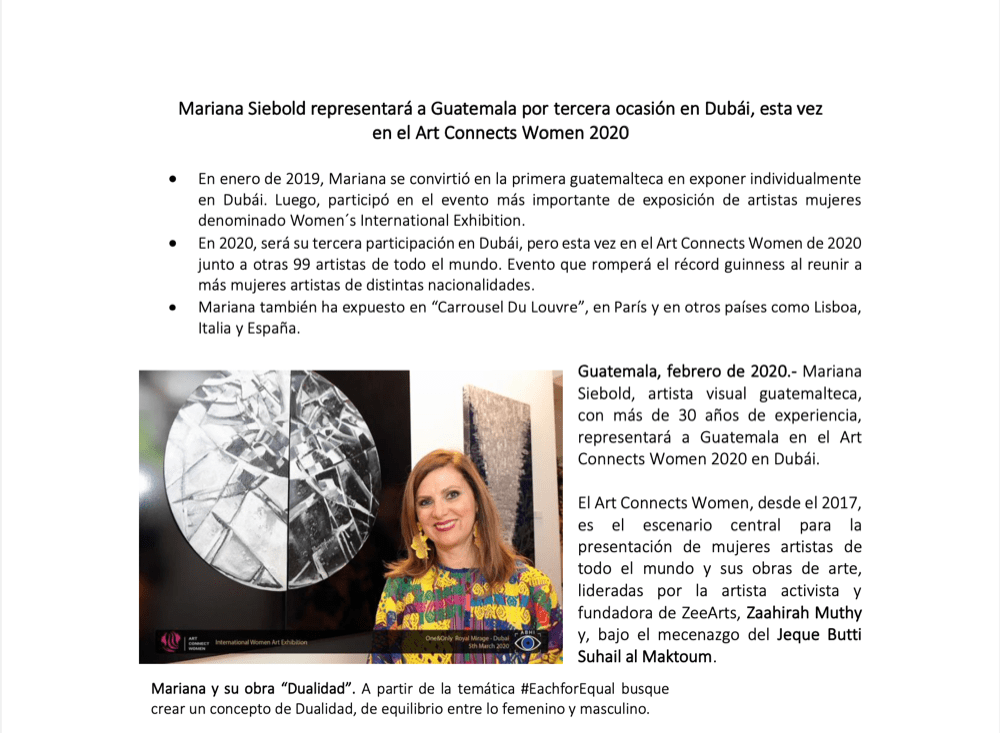 Mariana Siebold. Nota de Prensa. Dubai. Art Connects Women.