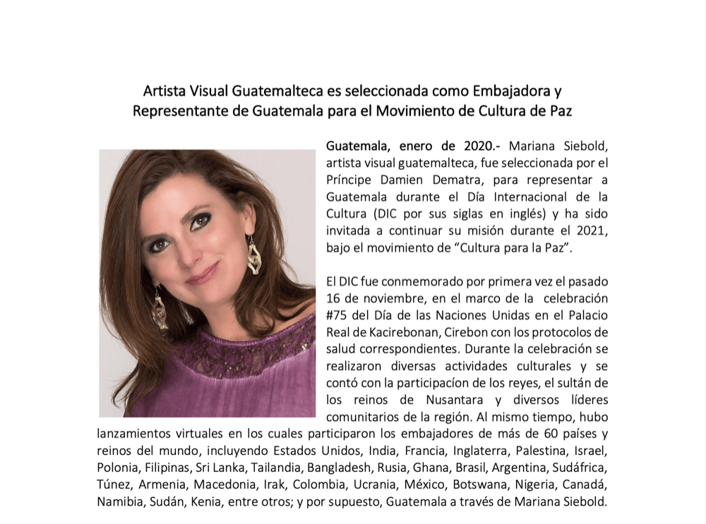 Mariana Siebold. Nota de Prensa. Artista Guatemalteca. Embajadora Movimiento de Cultura de Paz.
